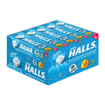 Halls Chews Mint in 47g pack, shown in a display of 15 packs for dry grocery and snack confectionery.