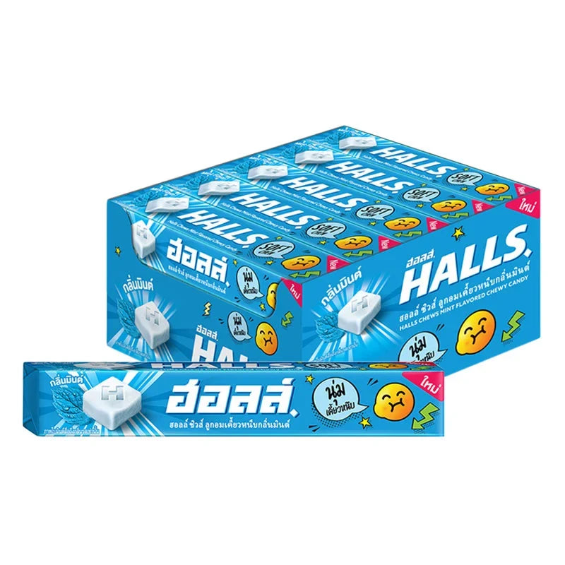 Halls Chews Mint 47g pack, Halls brand, featuring a close-up of the mint-flavored lozenges in a snack and confectionery product image.