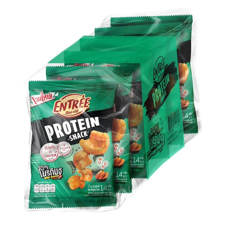 Entree Crispy Pork Rinds Nori Kimchi snack in 14g packages, dry grocery, crunchy pork rind snack with nori and kimchi flavor.