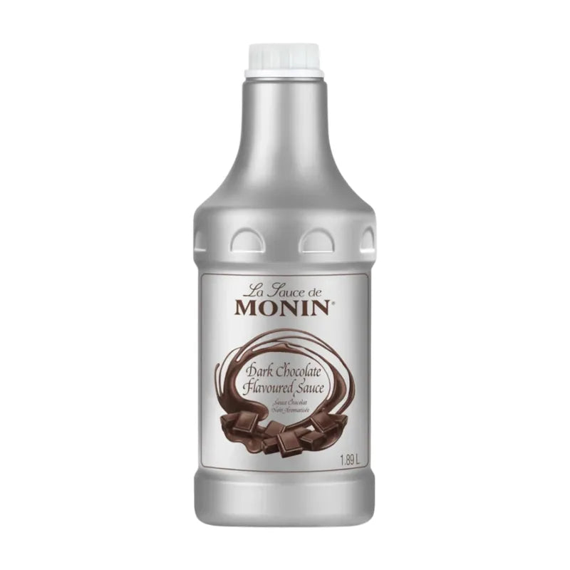 Monin dark chocolate sauce in a 1.89L bottle, ideal for desserts and beverages, from the Monin dry grocery collection.