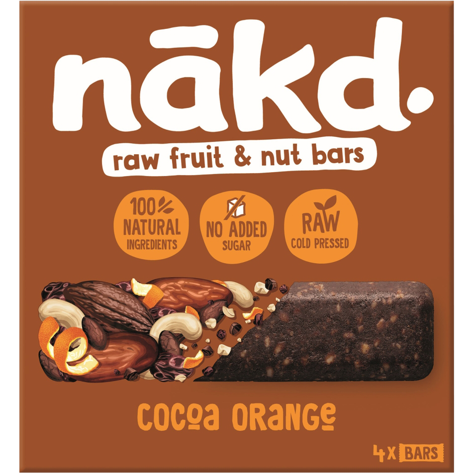 Nakd Cocoa Orange Fruit & Nut Bar showing a close-up of the chocolate-coated bar with orange and nut pieces visible