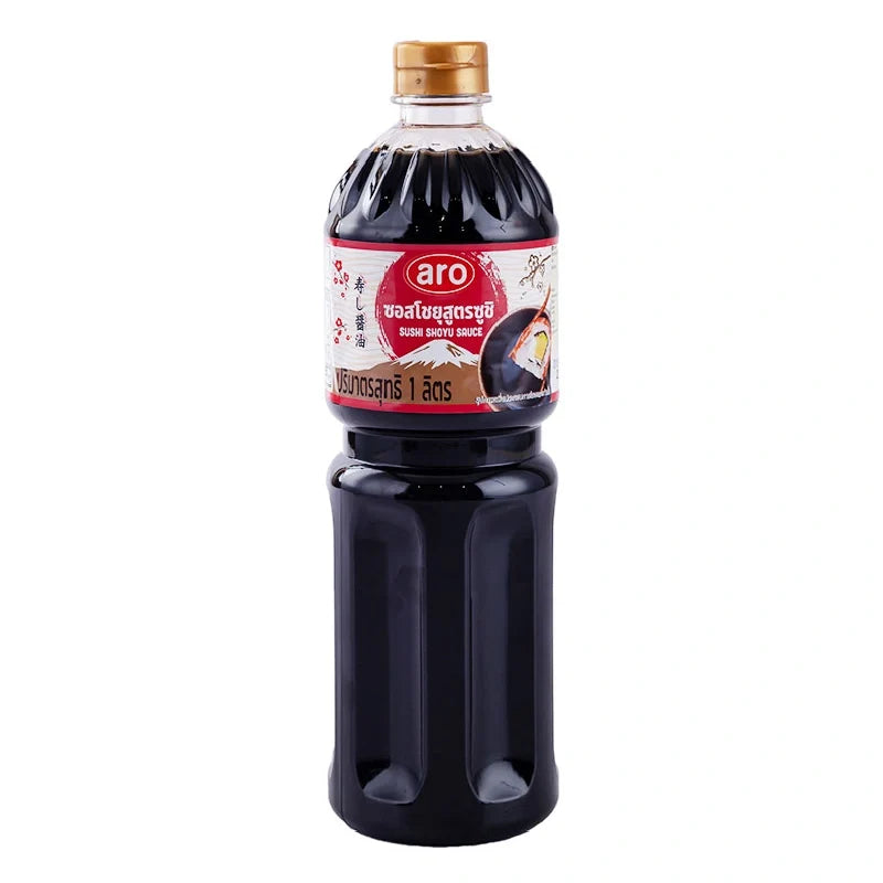 ARO Sushi Shoyu Sauce 1L bottle, Japanese soy sauce for sushi and cooking, in a clear plastic container with a label.