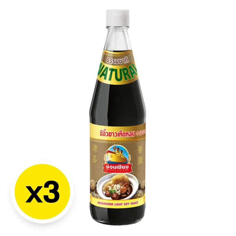 Nguan Chiang Mushroom Sauce 700g jar, natural color, label visible, stacked in a row, for use in Asian cooking.