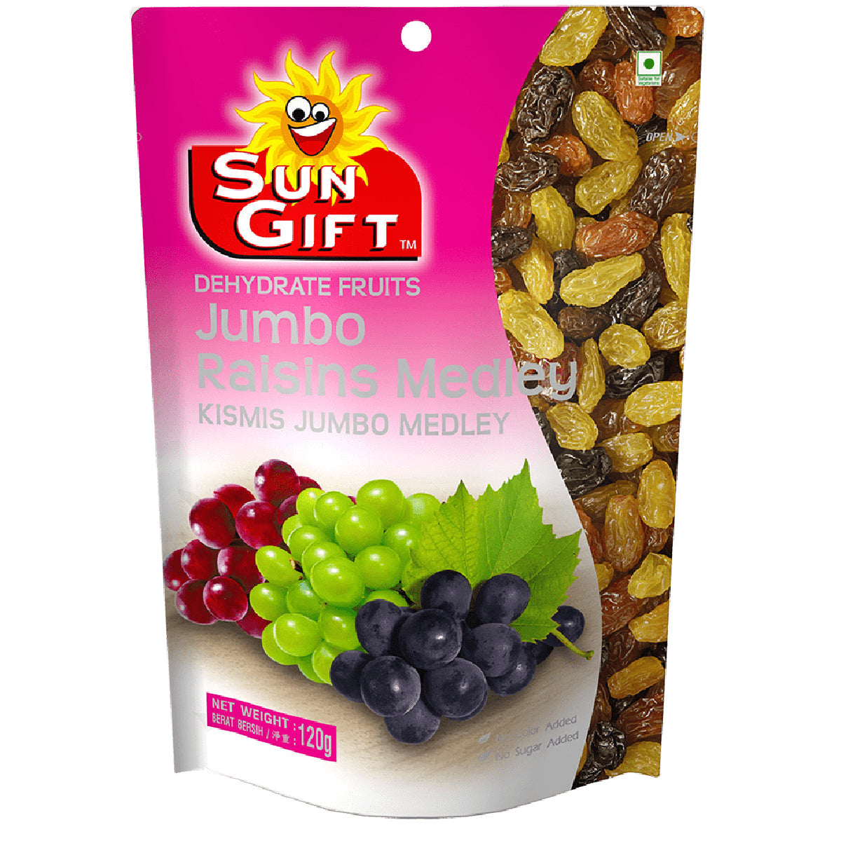Tong Garden Sun Gift Jumbo Raisins in a clear plastic container, showcasing golden, plump raisins perfect for snacking or baking.