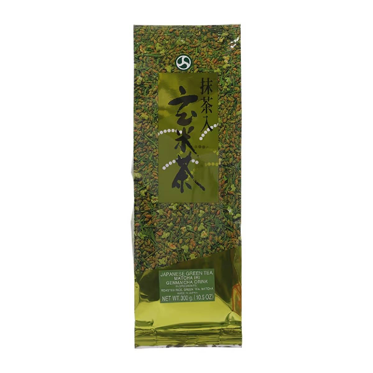 Bottle of Japanese green tea drink with green tea leaves and Japanese branding on the label, served in a clear glass.