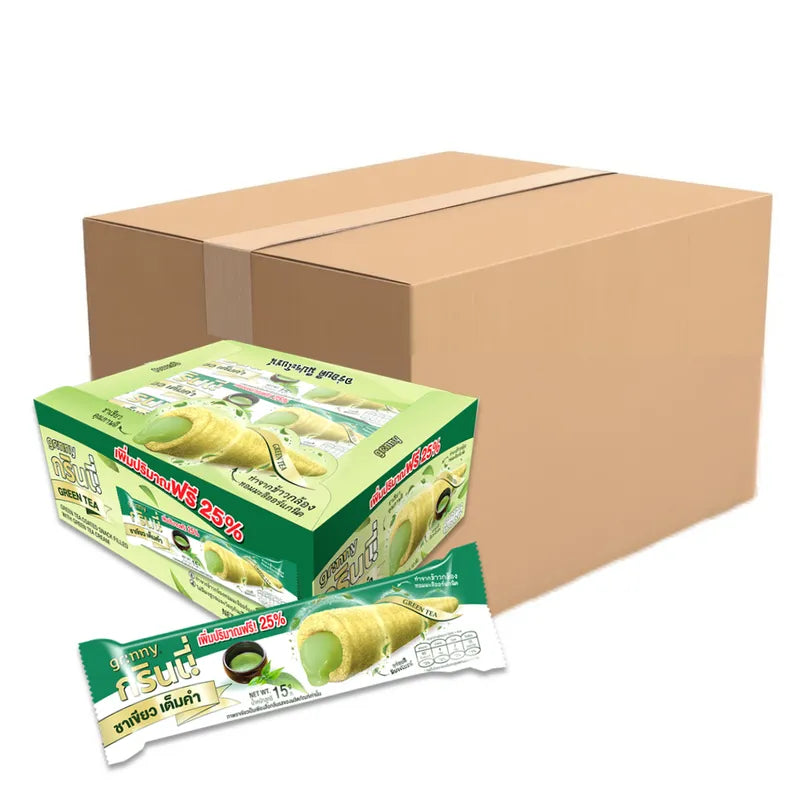 Grinny Green TEA coated snack filled with cream, 15g pack, shown in an image of multiple snack packs from GRINNY.