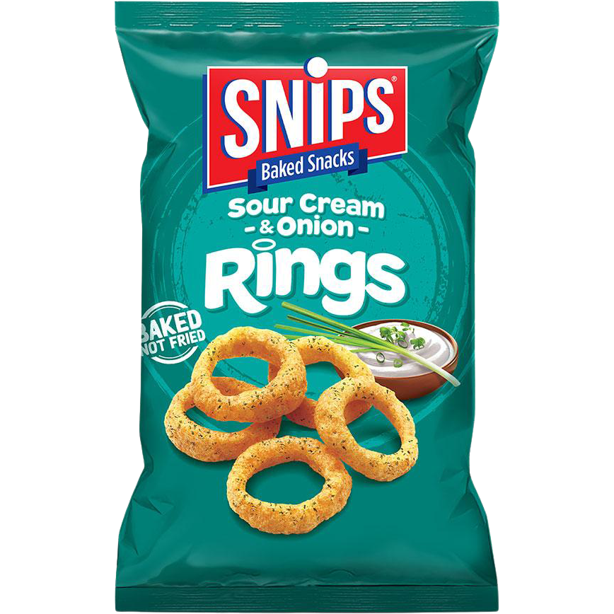 Snips Sour Cream & Onion Rings confectionery snacks in a bright, colorful package with crunchy onion ring treats.