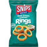 Snips Sour Cream & Onion Rings confectionery snacks in a bright, colorful package with crunchy onion ring treats.
