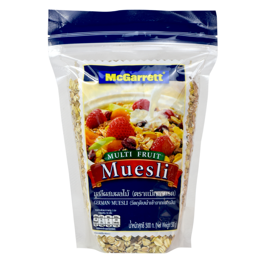 A bowl of McGarrett Multi Fruit Muesli with mixed dried fruits and grains, ready to serve as a nutritious breakfast or snack.