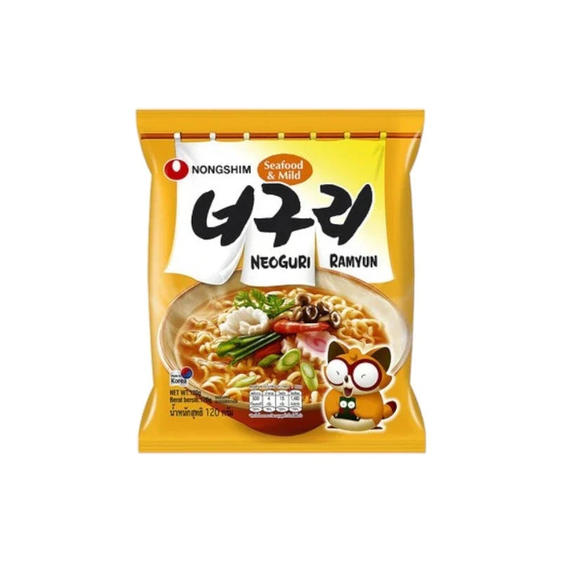 Nongshim Neoguri Udon Mild Seafood instant noodle pack with dry ingredients for Korean seafood-flavored udon soup.
