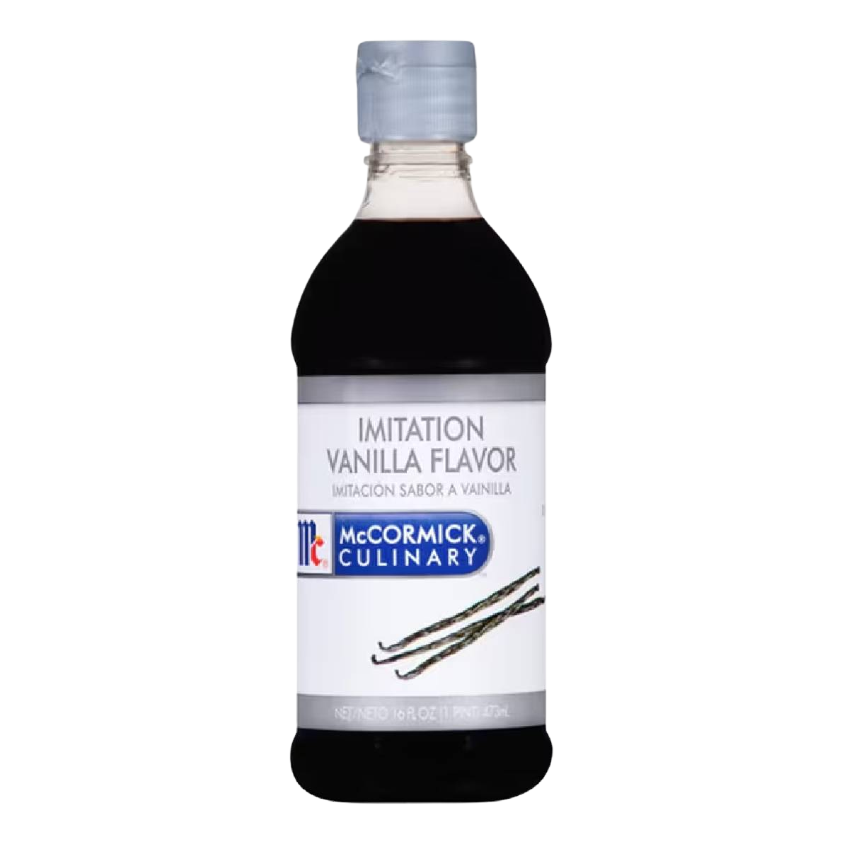 Bottle of McCormick imitation vanilla flavor in a clear plastic container, used for baking and flavoring desserts.