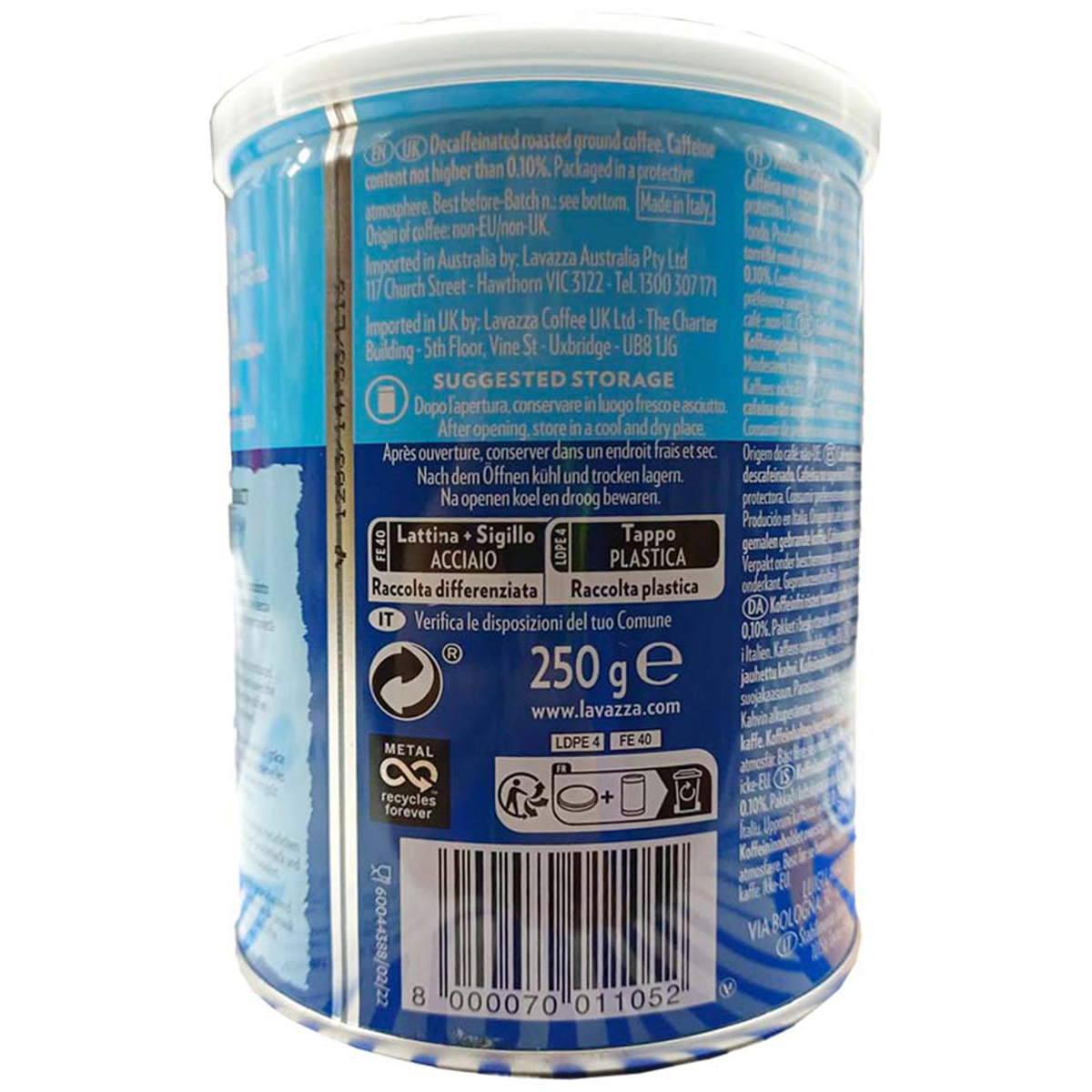 Ground Lavazza Dek coffee for brewing, featuring dark roasted beans and rich aroma, ideal for making flavorful coffee drinks.