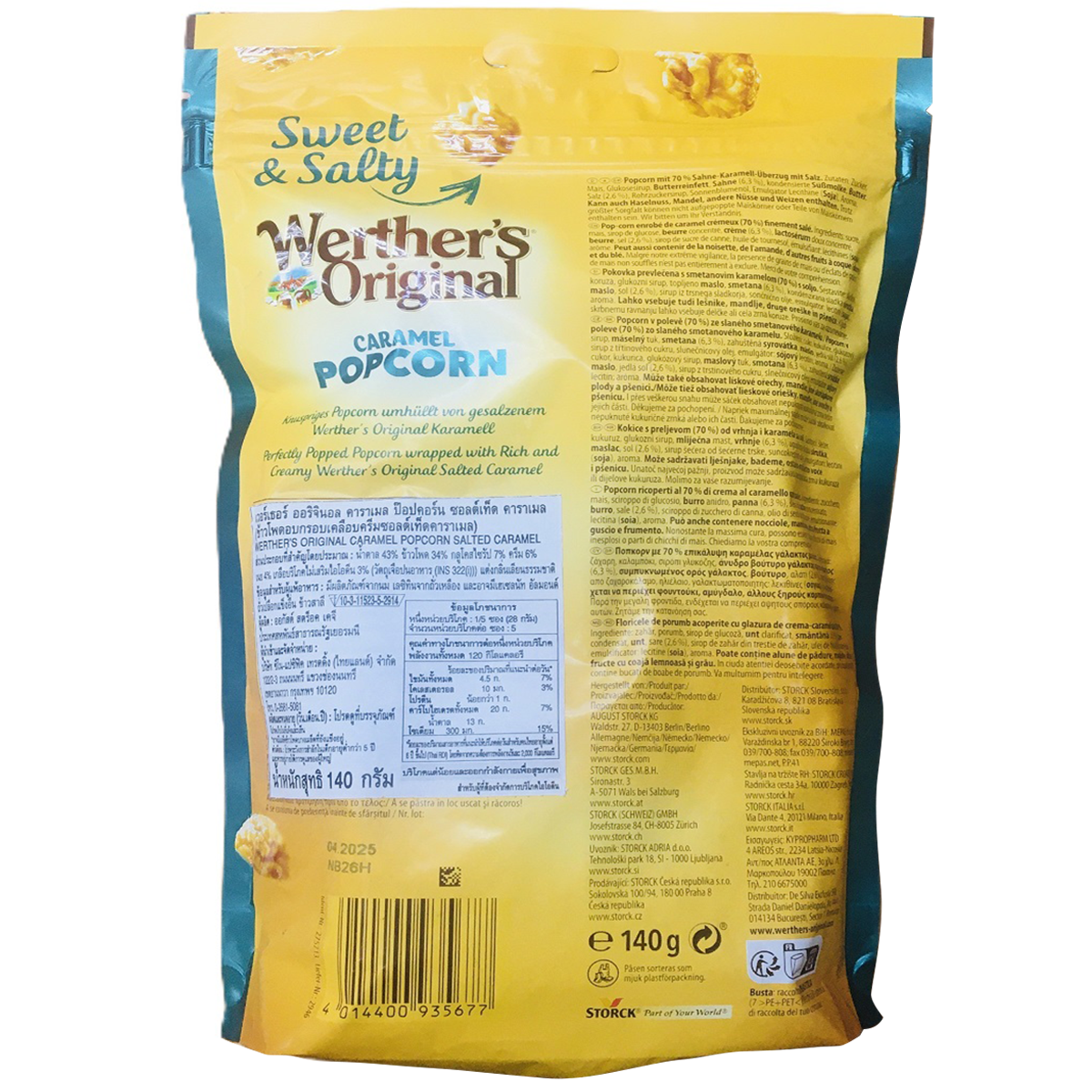 Werthers Caramel Popcorn with sea salt, a confectionery snack featuring caramel-coated popcorn sprinkled with sea salt.