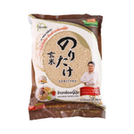 Noritake Japan brown rice in a clear plastic bag, ready for cooking, with a white background and visible rice grains.