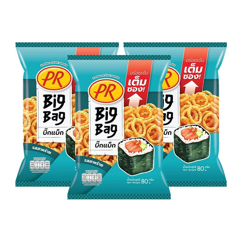 PR Crispy Snack Seaweed 80g pack, crispy dried seaweed snack for dry grocery and snack lovers, shown in a three-pack bundle.