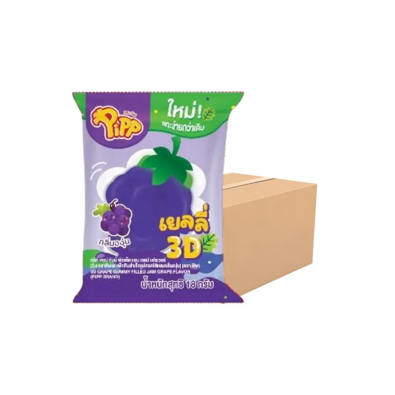 Pipp Grape Gummy Filled Jam Flavor Pack, 18g x12 pcs, colorful snack candies from PIPP in a clear packaging.