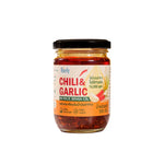 Ricely Garlic Chili in rice bran oil, 200g, dry grocery product with garlic and chili flakes in a clear container.