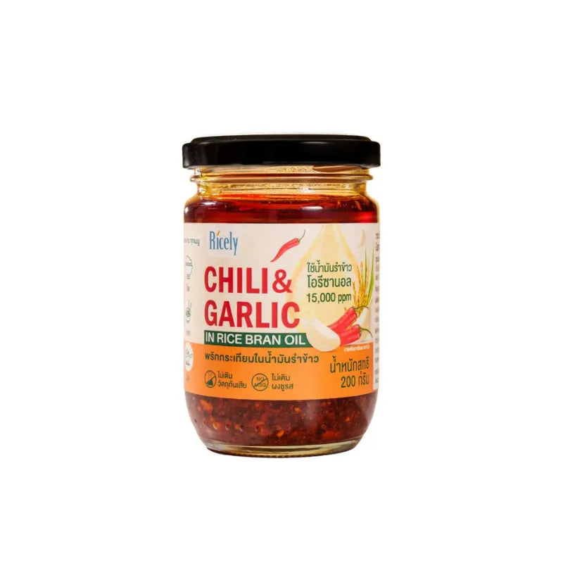 Ricely Garlic Chili in rice bran oil, 200g, dry grocery product with garlic and chili flakes in a clear container.