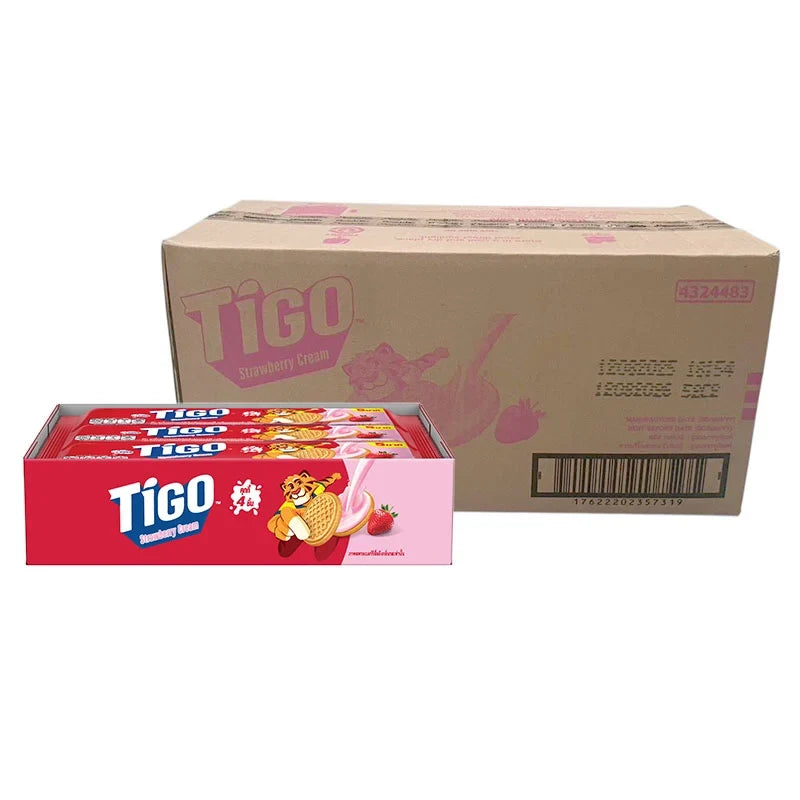 TIGO Cookies Cream Fill Strawberry snacks in 35g packages, 144-piece box, dry grocery confectionery product.