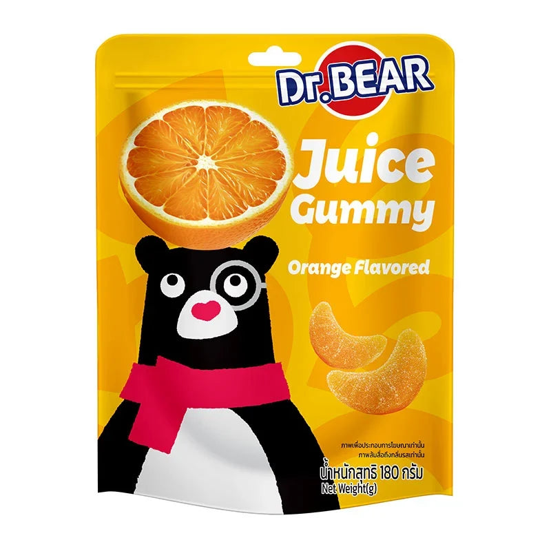 DR.BEAR Orange Gummy candies in 180g package, dry grocery snack with bright orange gummy fruit shapes.
