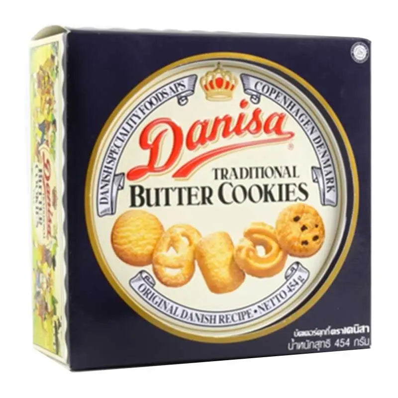 Danisa Butter Cookies 454g box, Danish shortbread cookies in a decorative tin, perfect for snacks and confectionery.
