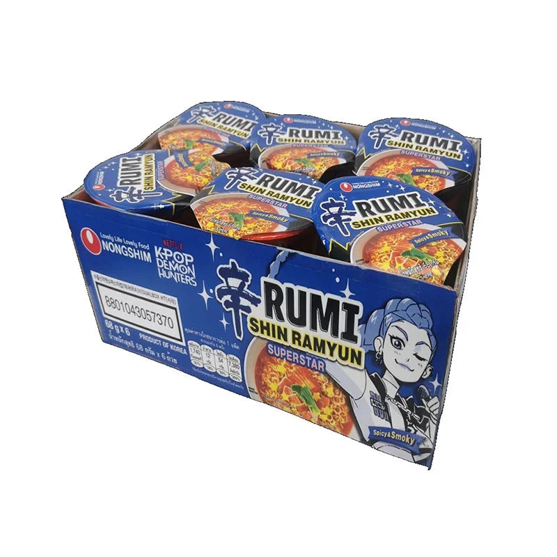 Nongshim Rumi Shin Ramyun Superstar Cup 68g, instant noodle cup with spicy broth and noodles, shown in a six-pack package.