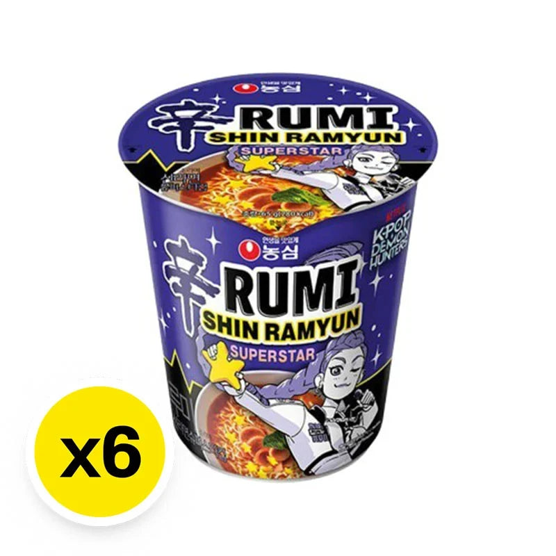 Nongshim Rumi Shin Ramyun Superstar Cup 68g, instant dry ramen noodles in a disposable cup, stacked in six-pack package.