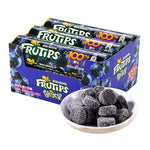 FRUTIPS Jelly Fruity Blackcurrant snacks in 60g pack, colorful fruit-flavored confectionery, six packs shown in the image.