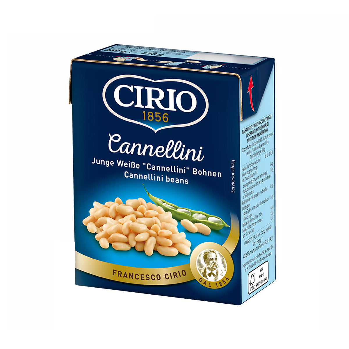 Cirio Cannellini White Beans in a can, showing the label with white beans and brand logo on a grocery store shelf