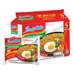Indo MIE Mi Goreng fried noodles in 85g packs, stacked in a box, featuring the branded packaging and noodle image.