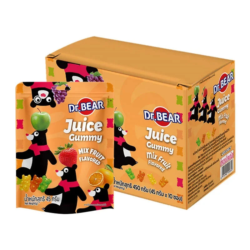 Assorted Dr. Bear mixed fruit gummies in a clear container, showing colorful gummy candies for snack enjoyment.