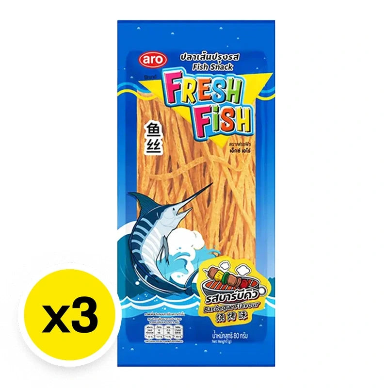 Pack of three ARO Fish Snack BBQ 80g bags, dry grocery snack with savory fish flavor for snacking or sharing.