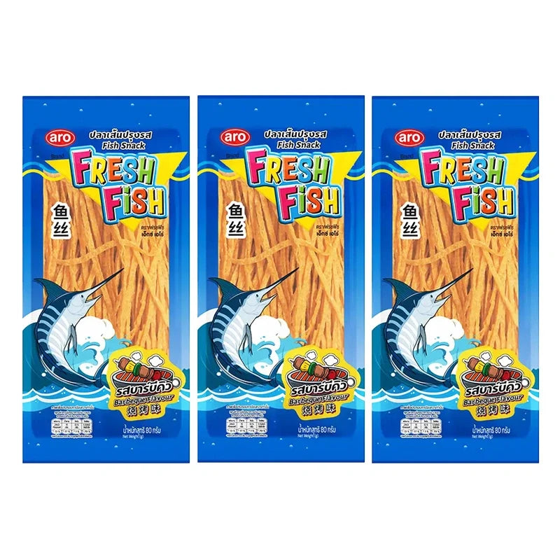 ARO Fish Snack BBQ 80g pack, dry grocery seafood snack with crispy fish pieces in BBQ flavor, three-pack for snacking.