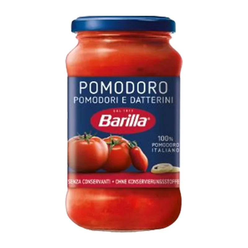 Jar of BARILLA Pomodoro Pasta Sauce in 400g glass jar, labeled with red tomato and basil imagery, for pasta dishes.