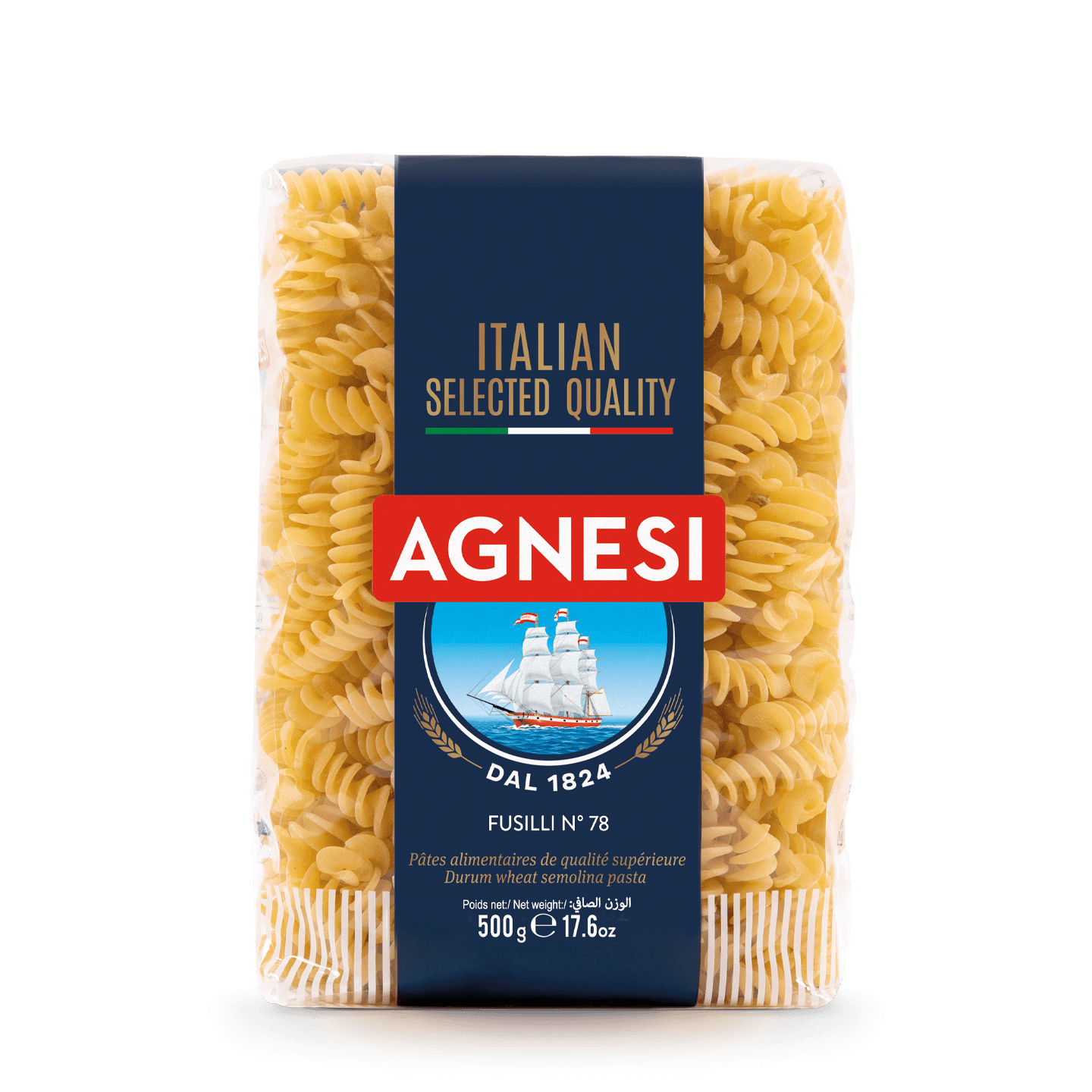 Agnesi Fusilli macaroni pasta in a grocery setting, showcasing the corkscrew-shaped pasta package.