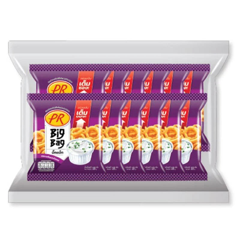 PR Big Bag Rice Crackers Sour Cream and Onion flavor, 18g x12, dry snack with crunchy rice crackers in a colorful bag