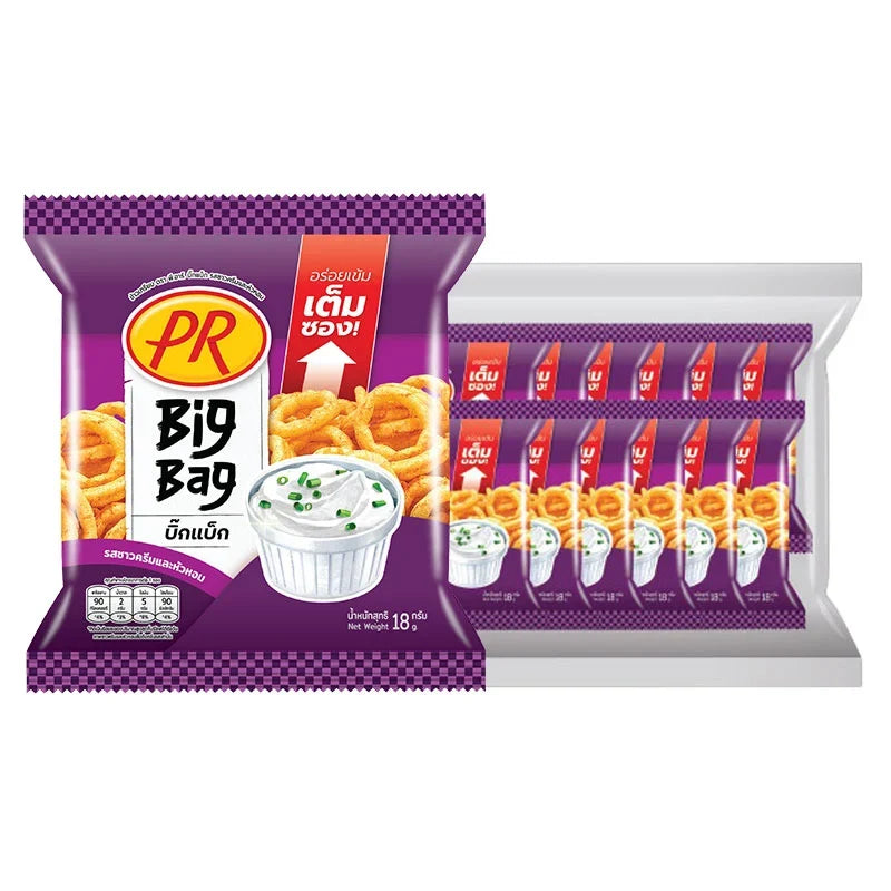 PR Big Bag Rice Crackers Sour Cream and Onion flavor, 18g x 12, crunchy snack in a colorful packaging, perfect for snacking.
