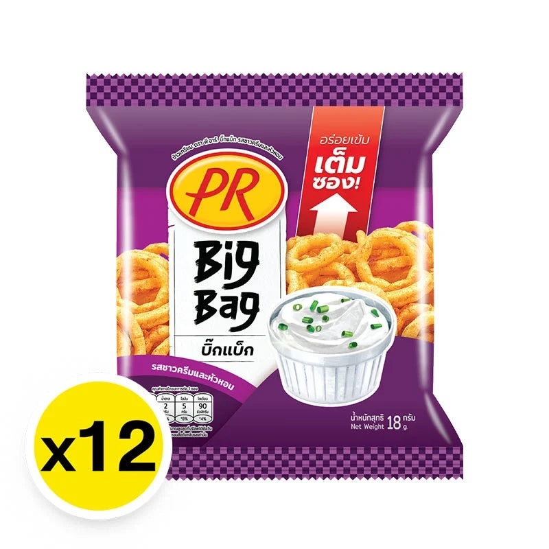 PR Big Bag Rice Cracker Sour Cream and Onion flavor, 18g x12, snack pack of crunchy rice crackers from the dry grocery snacks category.