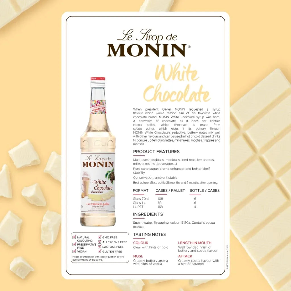 Bottle of MONIN White Chocolate Syrup 700ml for coffee and desserts, with a white label and clear cap, on a neutral background.