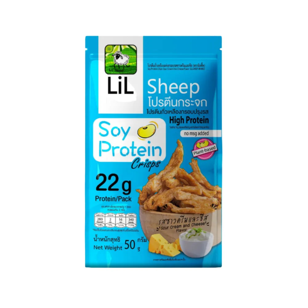 Lilsheep Soy Protein Crisps snack in a colorful bag, showing crispy soy protein pieces inside, ideal for healthy confectionery.