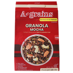 A bowl of A Grains Granola Mocha with visible oats, chocolate chunks, and coffee flavor pieces on a wooden surface.