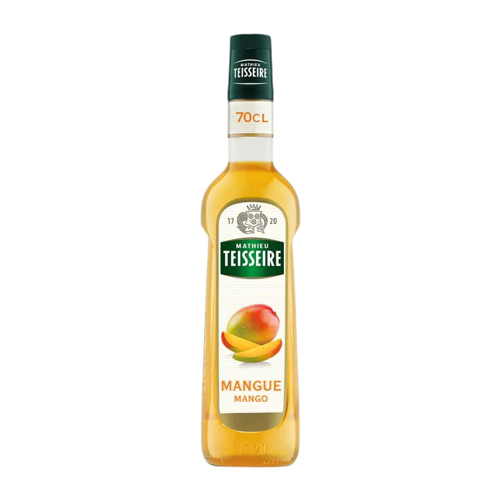 Mathieu Teisseire Mango Syrup 700ml bottle, showcasing the colorful label and transparent plastic container in a grocery setting.
