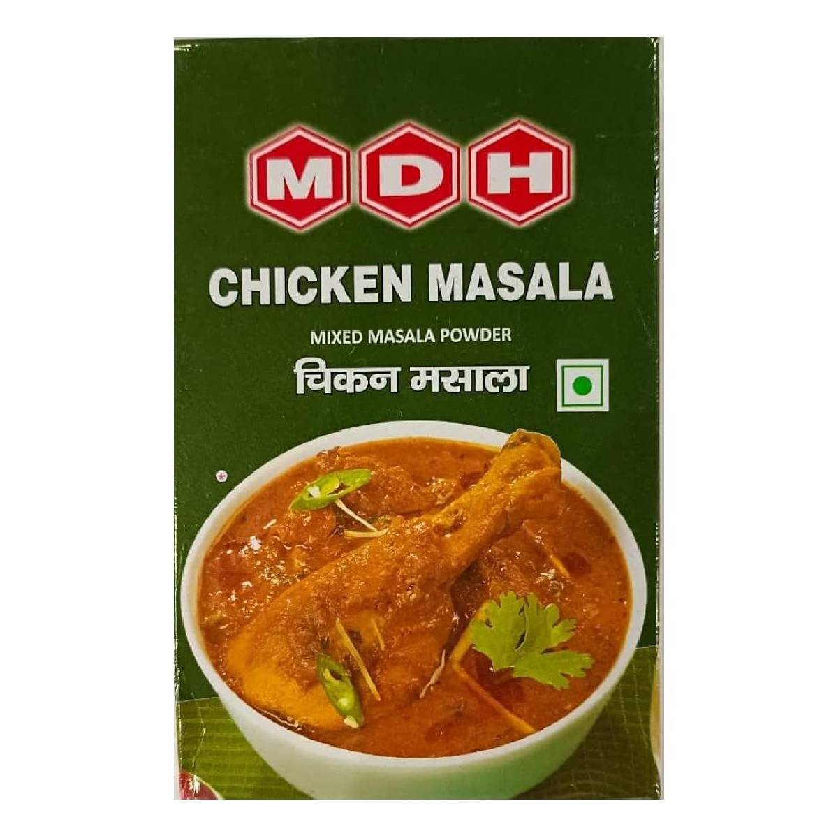 Packet of Mdh Chicken Masala spice mix for flavorful Indian chicken curry, shown in a clear grocery product image.