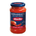Barilla Arrabbiata Sauce 400g jar showing red tomato-based sauce with chili flakes in a glass jar.