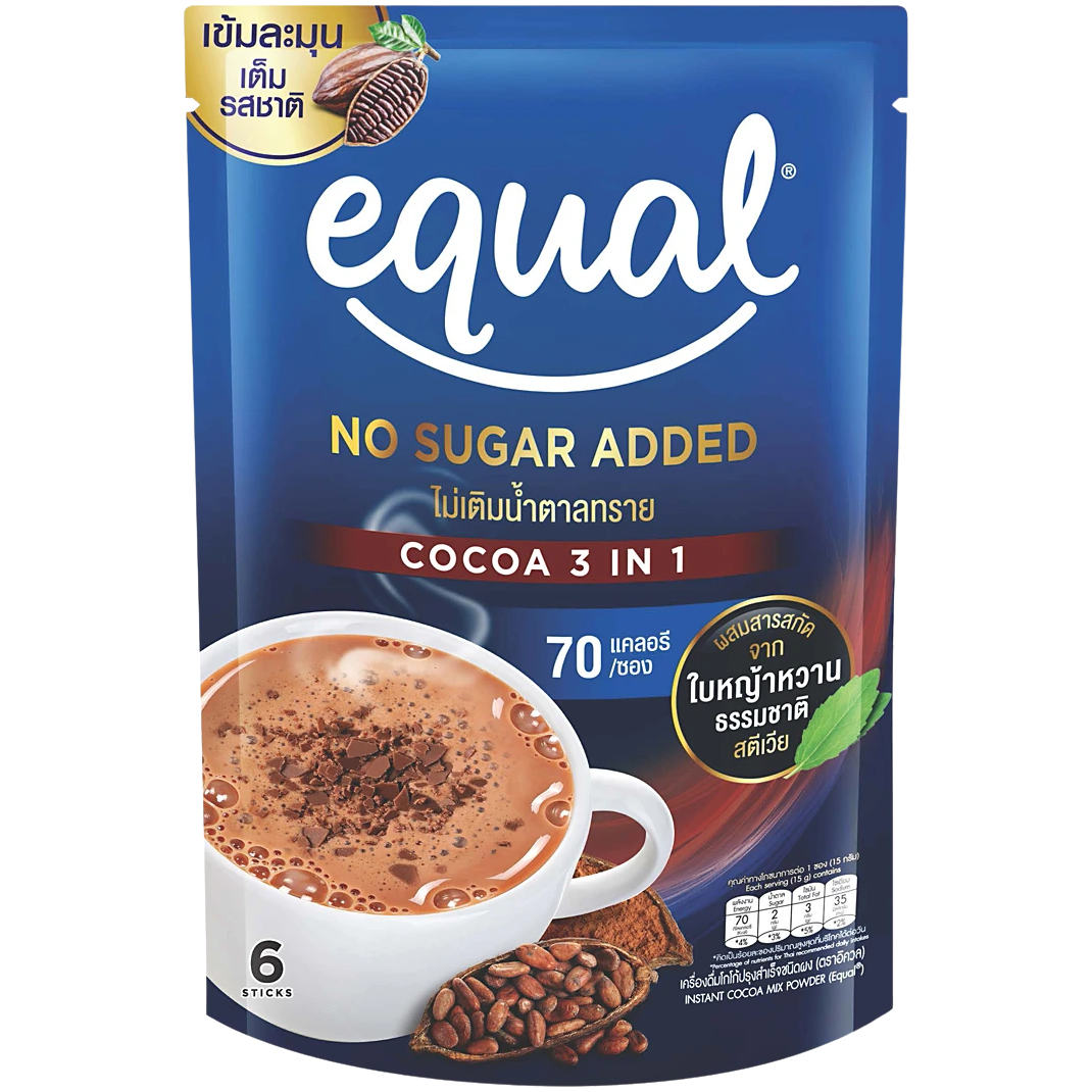 Equal Instant Cocoa Mix powder in a cup, ready to drink, showcasing rich chocolate flavor and smooth texture.