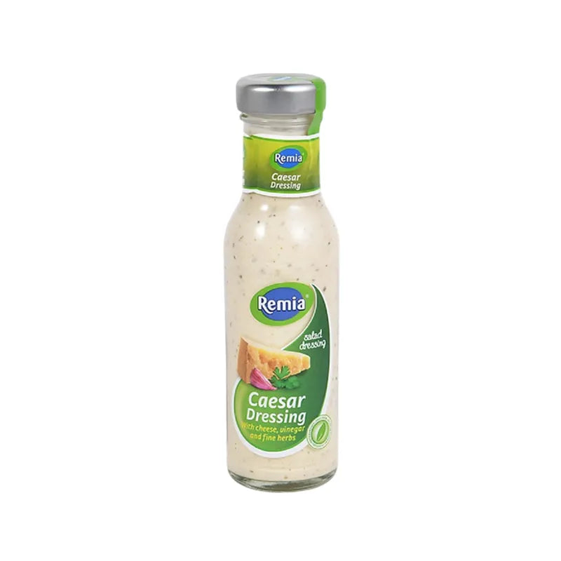 Remia Caesar Salad Dressing 250ml bottle, creamy dressing for salads, in a clear plastic container with label.