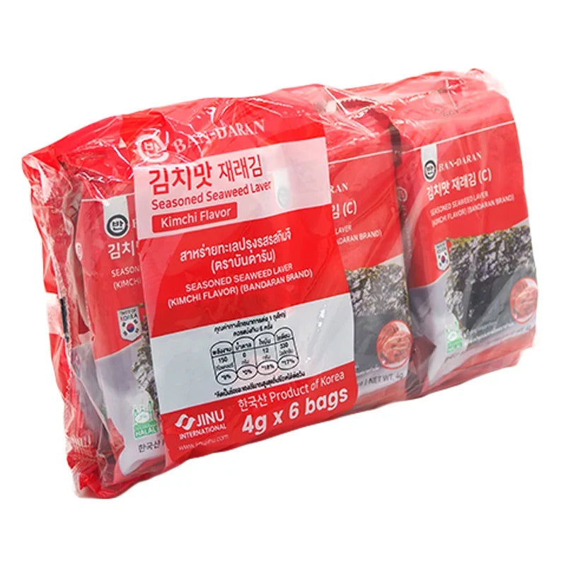 BANDARAN seasoned seaweed kimchi flavor snack in a 4g packet, dry grocery product with seaweed and kimchi seasoning.