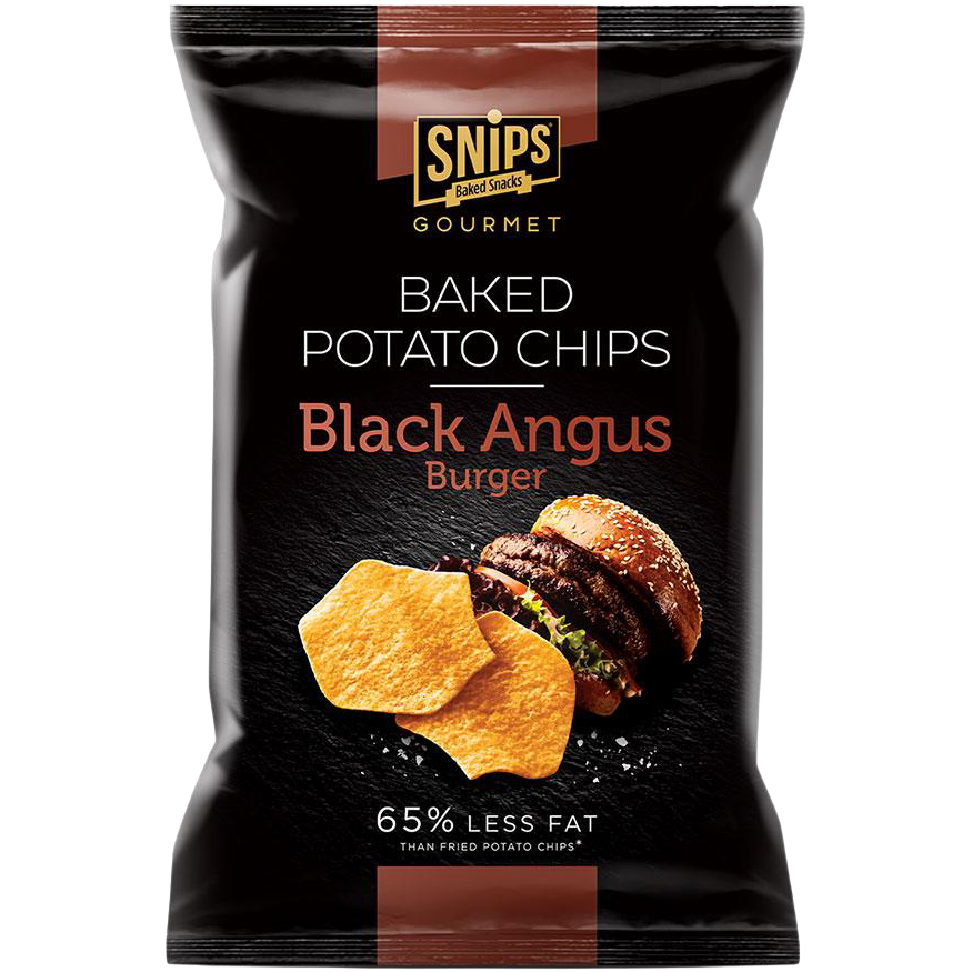 Snips Black Angus Burger Baked Potato Chips in a bag, crispy snack with beef flavor, part of Snips confectionery snacks collection.