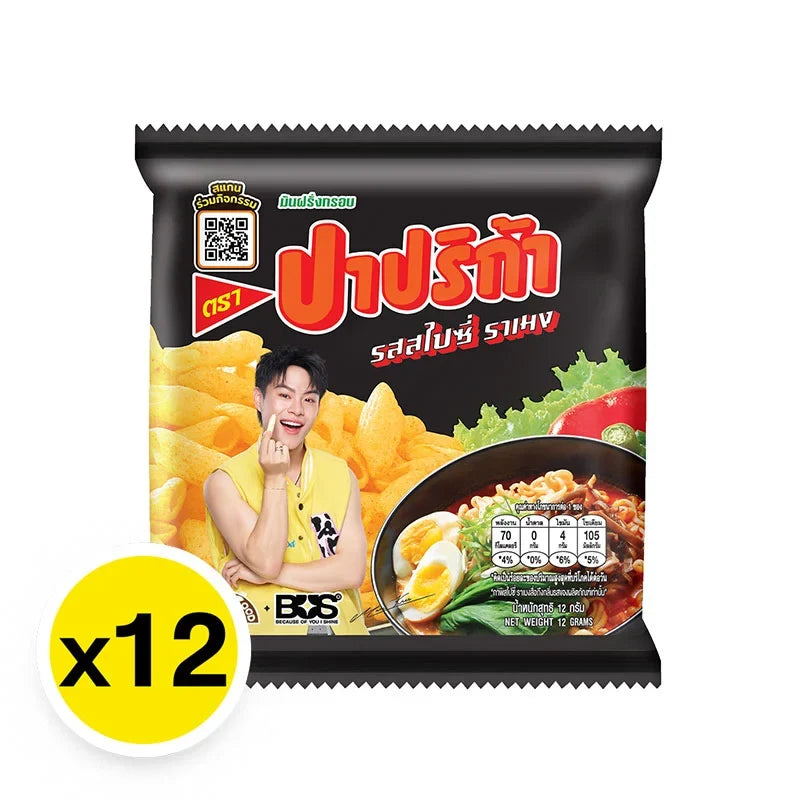 Spicy Paprika Potato Extrude Snack in 12g packs, crispy ramen-style snack from PAPRIKA, shown in the image.