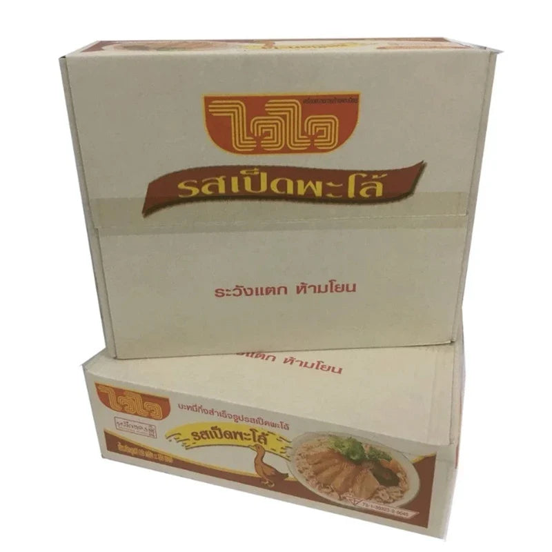 WAIWAI Duck in Soy Sauce Flavor Instant Noodles, 60g, dry grocery product with cooked noodles and soy sauce seasoning in a bowl